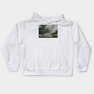 Ship in Distress off a Rocky Coast by Simon de Vlieger Kids Hoodie